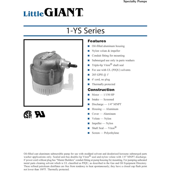 imageLittle Giant 1YS 230 Volt 1150 HP 205 GPH Cast Aluminum Submersible Parts Washer Pump for Unheated Stoddard Solvent or Deodorized Kerosene with 6Ft Power Cord Plugless Grey 501036