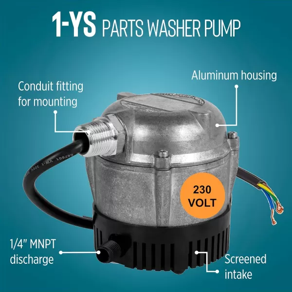 imageLittle Giant 1YS 230 Volt 1150 HP 205 GPH Cast Aluminum Submersible Parts Washer Pump for Unheated Stoddard Solvent or Deodorized Kerosene with 6Ft Power Cord Plugless Grey 501036