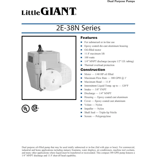 imageLittle Giant 2E38NY 230 Volt 300 GPH 140 HP Manual InlineSubmersible Small Oilfilled Aluminum Pump with 12ft Cord Plugless Blue 502216115Volt  10Ft Cord