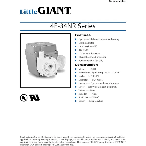 imageLittle Giant 4E34NR 115 Volt 112 HP 810 GPH Small Submersible OilFilled Water Transfer Pump with 6ft Cord Blue 504203