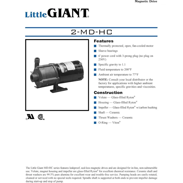 imageLittle Giant 5MDHC 115 Volt 18 HP 1050 GPH Magnetic Drive Highly Corrosive Chemical Transfer Pump 6Ft Cord with Plug Black 583603230V  510 GPH  Plugless