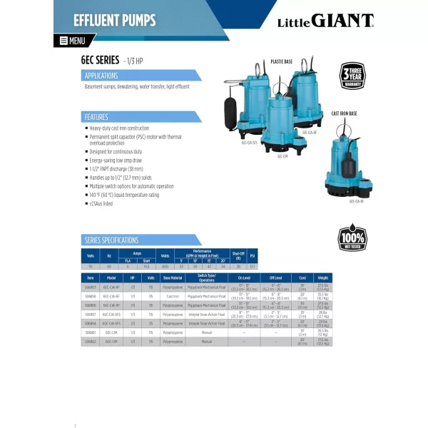 imageLittle Giant 6ECCBASFS 115 Volt 13 HP 3180 GPH Automatic Epoxy Impregnated Cast Bronze Sump Pump for SaltyBriny Water Conditions with SnapAction Switch 20Ft Cord Bronze 506811Cast Iron  Piggyback Float  20 Cord