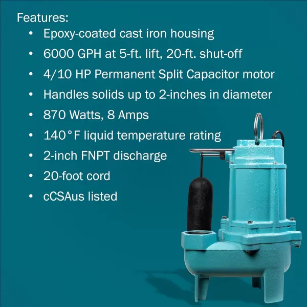 imageLittle Giant 9SCCIASFS 115 Volt 410 HP 6000 GPH EpoxyCoated Cast Iron Submersible Sewage Pump with Integral SnapAction Float Switch 20Ft Cord Blue 509411Integral Snap Action Float Switch