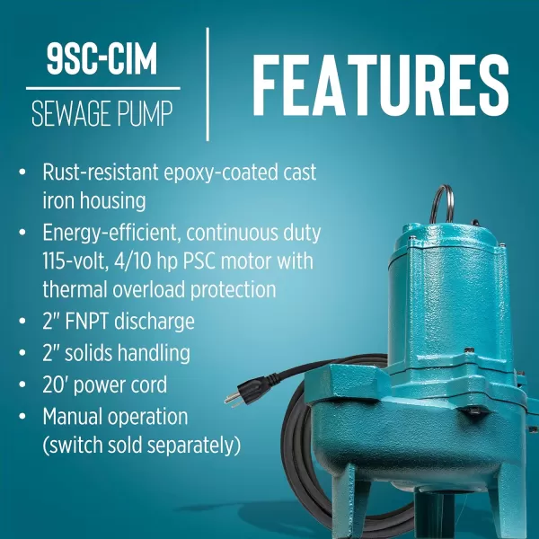 imageLittle Giant 9SCCIASFS 115 Volt 410 HP 6000 GPH EpoxyCoated Cast Iron Submersible Sewage Pump with Integral SnapAction Float Switch 20Ft Cord Blue 509411Manual No Switch