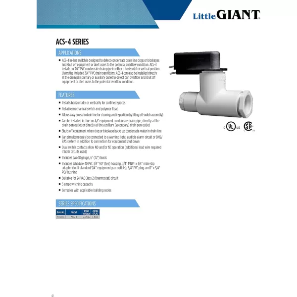 imageLittle Giant ACS4 InLine Condensate Drain Overflow Shutoff Switch 24 VAC Input Voltage 5 Amp Capacity 72 inch Leads BlackWhite 599125