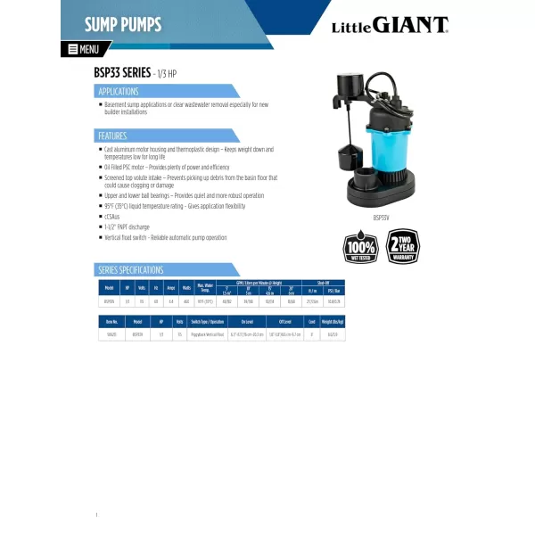 imageLittle Giant BSP33V 13 HP 115 Volt 2880 GPH Automatic Submersible Epoxy Coated Cast Aluminum Sump Pump with Piggyback Vertical Switch and 8Ft Cord Blue 506251