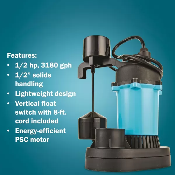 imageLittle Giant BSP33V 13 HP 115 Volt 2880 GPH Automatic Submersible Epoxy Coated Cast Aluminum Sump Pump with Piggyback Vertical Switch and 8Ft Cord Blue 506251