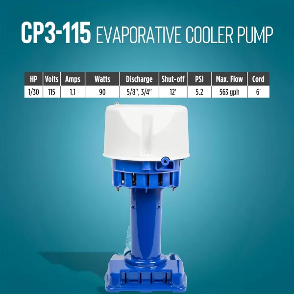 imageLittle Giant CP1230 170 HP 230 Volt 307 GPH Evaporative Cooler Pump with 6ft Cord and 3Prong Plug Blue 540015115 Volt  15000  21000 CFM