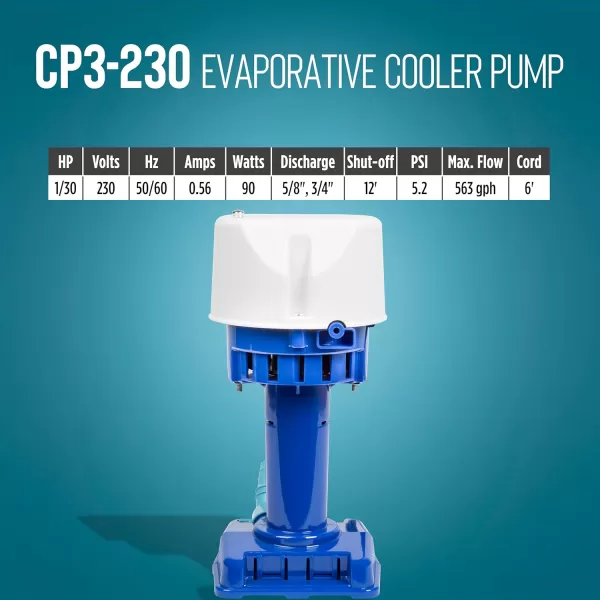 imageLittle Giant CP1230 170 HP 230 Volt 307 GPH Evaporative Cooler Pump with 6ft Cord and 3Prong Plug Blue 540015230 Volt  15000  21000 CFM