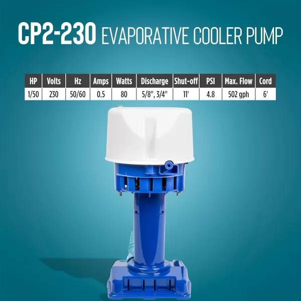 imageLittle Giant CP1230 170 HP 230 Volt 307 GPH Evaporative Cooler Pump with 6ft Cord and 3Prong Plug Blue 540015230 Volt  7500  15000 CFM