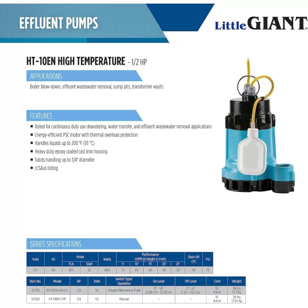 imageLittle Giant HT10ENCIM 115 Volt 12 HP 4500 GPH Cast Iron Manual Submersible High Temperature EffluentBoiler BlowDown Pump with 15Ft Cord Blue 511610With Float Switch