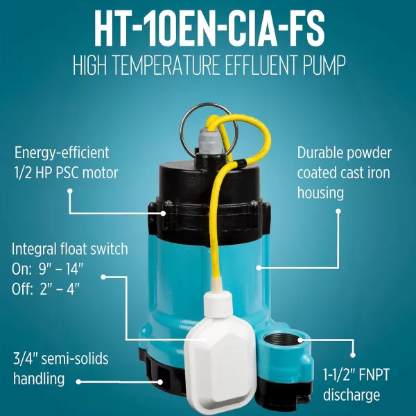 imageLittle Giant HT10ENCIM 115 Volt 12 HP 4500 GPH Cast Iron Manual Submersible High Temperature EffluentBoiler BlowDown Pump with 15Ft Cord Blue 511610With Float Switch