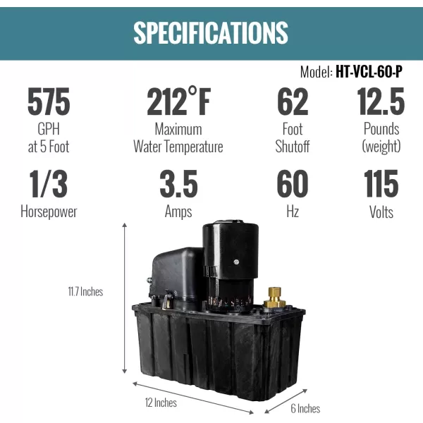 imageLittle Giant HTVCL60P 13 HP 115Volt 62Ft Shutoff High Temperature Plenum Condensate Pump Black 55316010113 HP 62ft shutoff 575 GPH