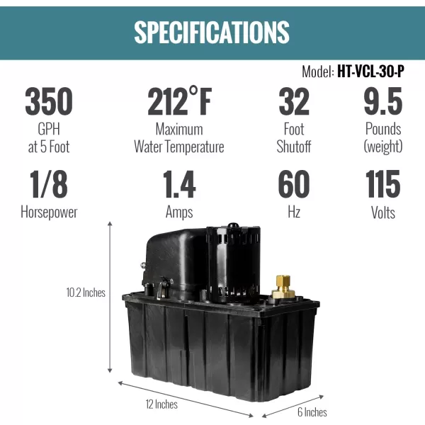 imageLittle Giant HTVCL60P 13 HP 115Volt 62Ft Shutoff High Temperature Plenum Condensate Pump Black 55316010118 HP 32ft shutoff 350 GPH