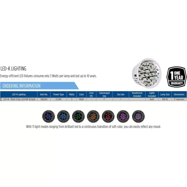 imageLittle Giant LEDB Multi Colored LED MR16 100000 Hour 2Prong Replacement Bulb for LVLKLED Kit and LVLKL Light 11 Light Modes PondFountain Light 3 Watts Multi 566224