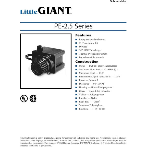 imageLittle Giant PE25F 115 Volt 128 HP 475 GPH Small Submersible Direct Drive Pump with 6Ft Cord Black 518600