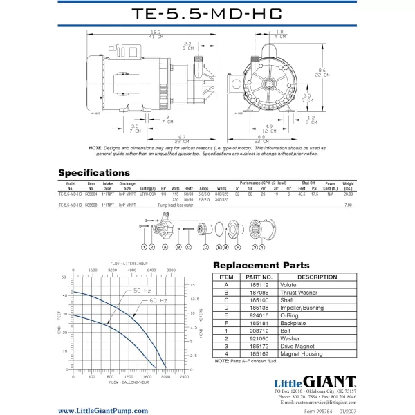 imageLittle Giant TE3MDHC 230 Volt 120 HP 585 GPH NonSubmersible Highly Corrosive Chemical Transfer Magnetic Drive Pump 6Ft Power Cord Plugless Black 581614115230 Volt  1920 GPH