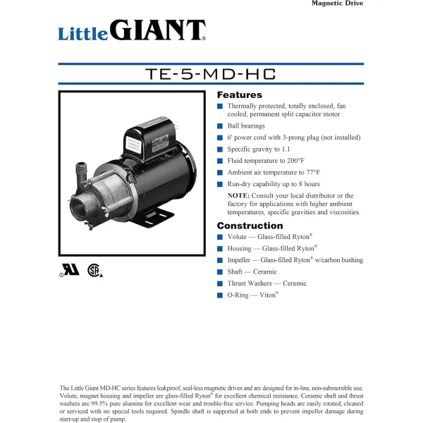 imageLittle Giant TE3MDHC 230 Volt 120 HP 585 GPH NonSubmersible Highly Corrosive Chemical Transfer Magnetic Drive Pump 6Ft Power Cord Plugless Black 581614115230 Volt  1200 GPH