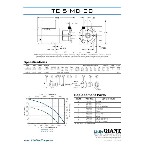 imageLittle Giant TE5MDSC 115230Volt 5060 Hz 110 HP 1200 GPH Magnetic Drive Non Submersible Mildly Corrosive Chemical Transfer Pump 6Foot Power Cord with Separate Plug BlackWhite 5845041200 GPH 6 Cord with Separate Plug