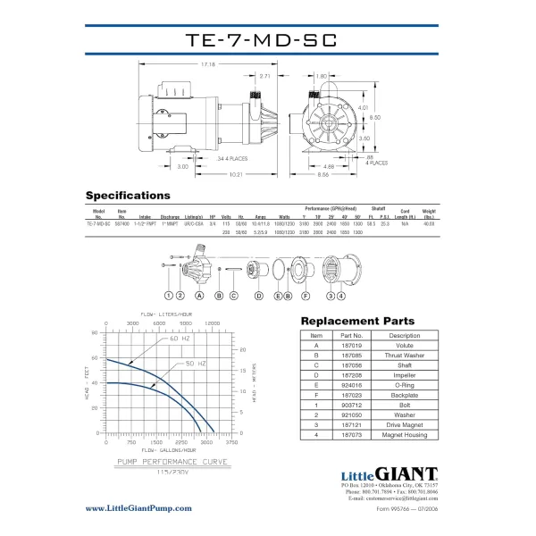 imageLittle Giant TE5MDSC 115230Volt 5060 Hz 110 HP 1200 GPH Magnetic Drive Non Submersible Mildly Corrosive Chemical Transfer Pump 6Foot Power Cord with Separate Plug BlackWhite 5845043180 GPH field wired