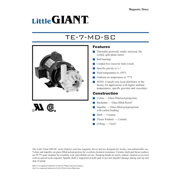 imageLittle Giant TE5MDSC 115230Volt 5060 Hz 110 HP 1200 GPH Magnetic Drive Non Submersible Mildly Corrosive Chemical Transfer Pump 6Foot Power Cord with Separate Plug BlackWhite 5845043180 GPH field wired