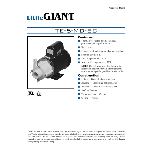 imageLittle Giant TE5MDSC 115230Volt 5060 Hz 110 HP 1200 GPH Magnetic Drive Non Submersible Mildly Corrosive Chemical Transfer Pump 6Foot Power Cord with Separate Plug BlackWhite 5845041200 GPH 6 Cord with Separate Plug