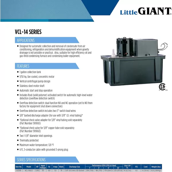 imageLittle Giant VCL24ULS 115 Volt 118 HP 270 GPH Automatic Condensate Removal Pump with 1Gallon Tank and Safety Switch 6Ft Cord Black 553201115Volt 200 GPH