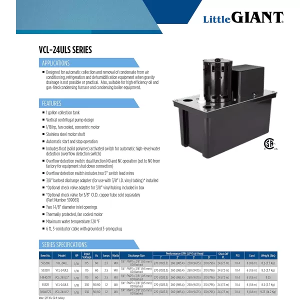 imageLittle Giant VCL24ULS 115 Volt 118 HP 270 GPH Automatic Condensate Removal Pump with 1Gallon Tank and Safety Switch 6Ft Cord Black 553201115Volt 270 GPH