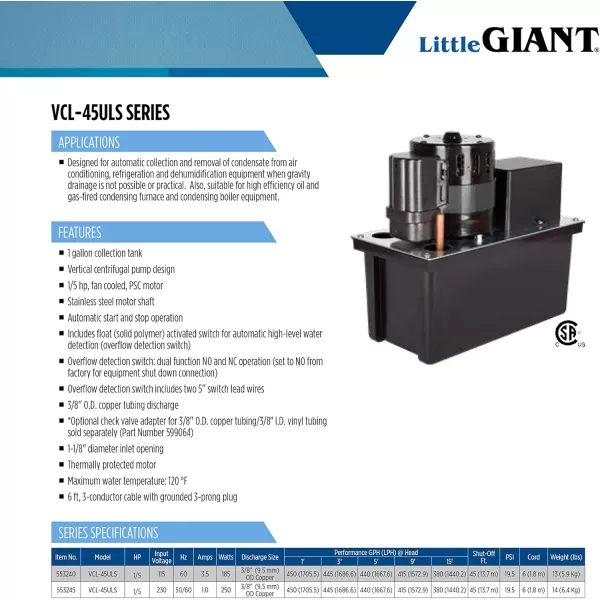 imageLittle Giant VCL24ULS 115 Volt 118 HP 270 GPH Automatic Condensate Removal Pump with 1Gallon Tank and Safety Switch 6Ft Cord Black 553201115Volt 450 GPH