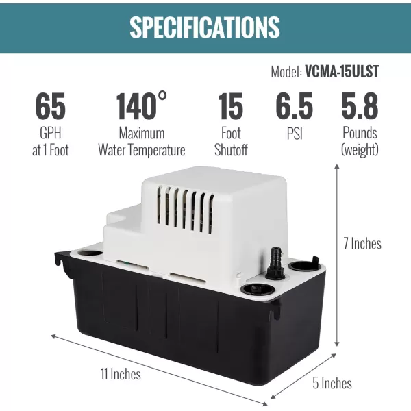 imageLittle Giant VCMA15ULST 115 Volt 65 GPH 150 HP Automatic Condensate Removal Pump with Safety Switch and Tubing BlackWhite 554415Includes Safety SwitchTubing
