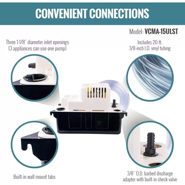 imageLittle Giant VCMA15ULST 115 Volt 65 GPH 150 HP Automatic Condensate Removal Pump with Safety Switch and Tubing BlackWhite 554415Includes Safety SwitchTubing