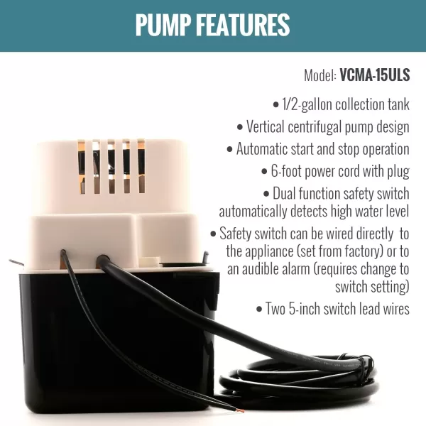 imageLittle Giant VCMA15ULST 115 Volt 65 GPH 150 HP Automatic Condensate Removal Pump with Safety Switch and Tubing BlackWhite 554415Includes Safety Switch