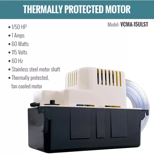 imageLittle Giant VCMA15ULST 115 Volt 65 GPH 150 HP Automatic Condensate Removal Pump with Safety Switch and Tubing BlackWhite 554415Includes Safety SwitchTubing