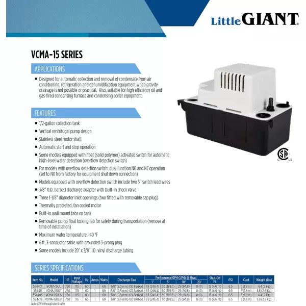 imageLittle Giant VCMA15ULST 115 Volt 65 GPH 150 HP Automatic Condensate Removal Pump with Safety Switch and Tubing BlackWhite 554415Includes Tubing no safety switch