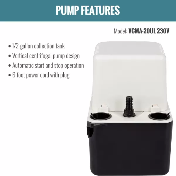 imageLittle Giant VCMA20ULST 115 Volt 80 GPH 130 HP Automatic Condensate Removal Pump with Safety Switch and Tubing WhiteBlack 554435230V Base Model No Safety Switch