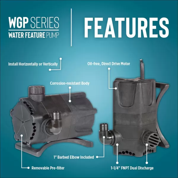 imageLittle Giant WGP95PW 115 Volt 4280 GPH Dual Discharge Direct Drive Submersible Waterfall and Pond Pump Black 5664071900 GPH 230 Watts