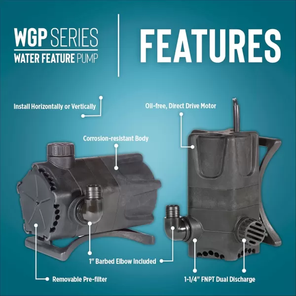 imageLittle Giant WGP95PW 115 Volt 4280 GPH Dual Discharge Direct Drive Submersible Waterfall and Pond Pump Black 5664074280 GPH 700 Watts