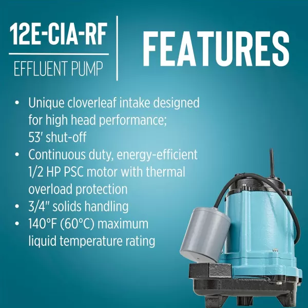 imageLittle Giant 12ECIARF 115 Volt 12 HP 3000 GPH Automatic High Head Flow Effluent Pump For Septic Wastewater Removal with Piggyback Tethered Float Switch 20Ft Cord Blue 512002