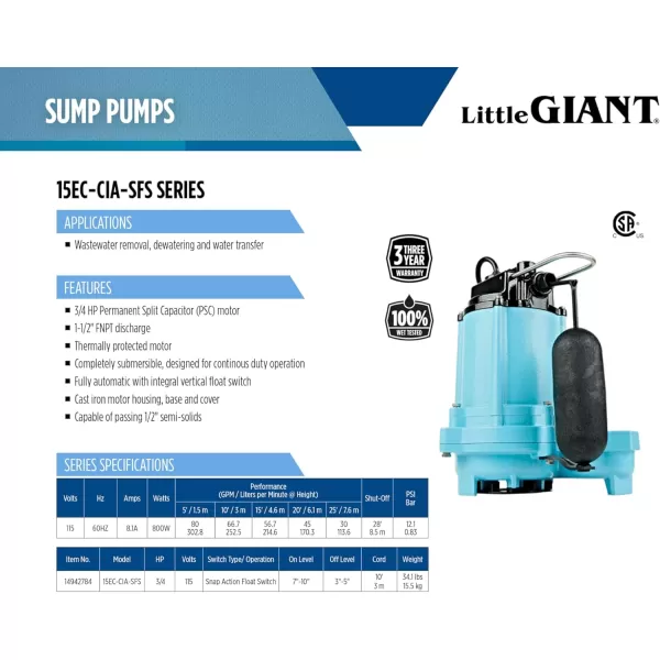 imageLittle Giant 15ECCIASFS 115 Volt 34 HP 4800 GPH EffluentSump Pump with Integral SnapAction Float Switch 10Ft Cord Blue 14942784