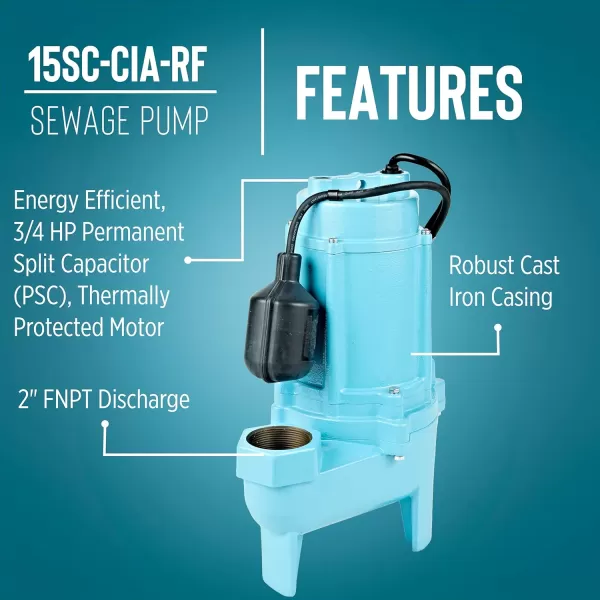 imageLittle Giant 15SCCIARF 115 Volt 34 HP 7800 GPH Sewage Pump with Piggyback Tethered Float Switch 20Ft Cord Blue 14942786