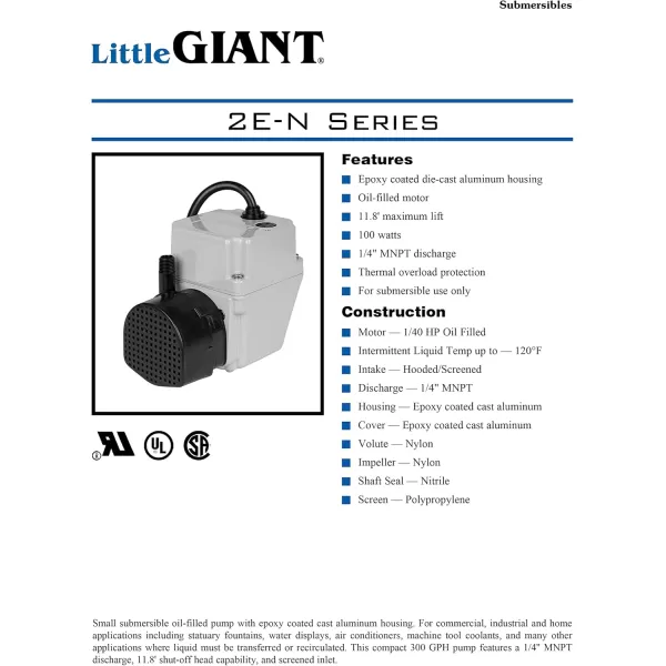 imageLittle Giant 502103 300 GPH 115Volt Manual Oil Filled Submersible Aluminum Direct Drive Submersible Pump Blue 2ENWater Pump