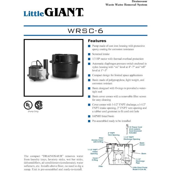 imageLittle Giant 506066 WRSC6 230 Volt 2700 GPH CastIron Sump Pump