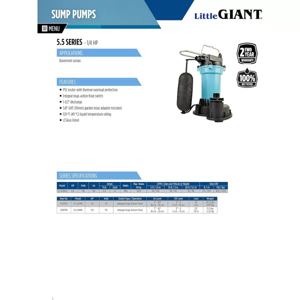 imageLittle Giant 55ASPA 115Volt 2100 GPH 14 HP Automatic Aluminum Sump Pump with SnapAction Float Switch and 10Ft Cord Blue or Black 505702