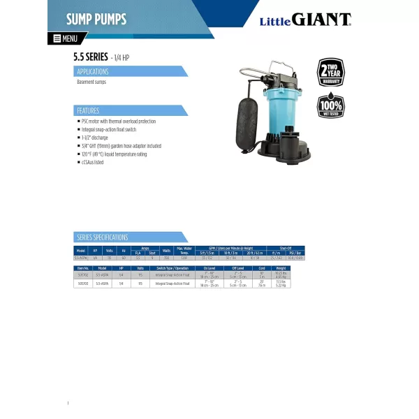 imageLittle Giant 55ASPA 115Volt 2100 GPH 14 HP Automatic Aluminum Sump Pump with SnapAction Float Switch and 25Ft Cord Blue or Black 505703