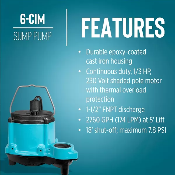 imageLittle Giant 6CBA 115Volt 13 HP 2760 GPH Automatic Submersible Epoxy Impregnated Cast Bronze Sump Pump for SaltyBriny Water Conditions with Integral Diaphragm Switch 10 Cord Bronze 506357Cast Iron  230V  12 Leads  Manual