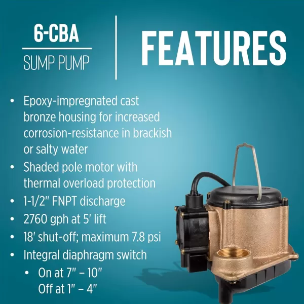 imageLittle Giant 6CBA 115Volt 13 HP 2760 GPH Automatic Submersible Epoxy Impregnated Cast Bronze Sump Pump for SaltyBriny Water Conditions with Integral Diaphragm Switch 10 Cord Bronze 506357Bronze  115V  10 Cord  Integral Diaphragm Switch