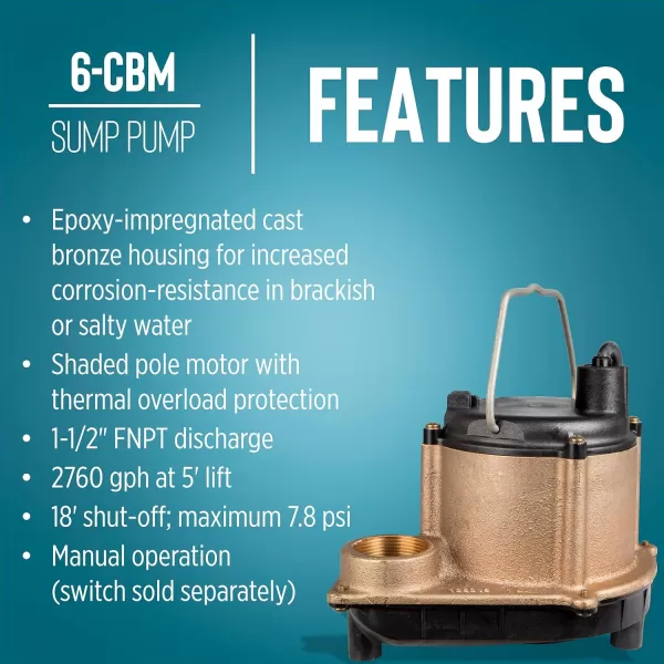 imageLittle Giant 6CBA 115Volt 13 HP 2760 GPH Automatic Submersible Epoxy Impregnated Cast Bronze Sump Pump for SaltyBriny Water Conditions with Integral Diaphragm Switch 10 Cord Bronze 506357Bronze  115V  10 Cord  Manual