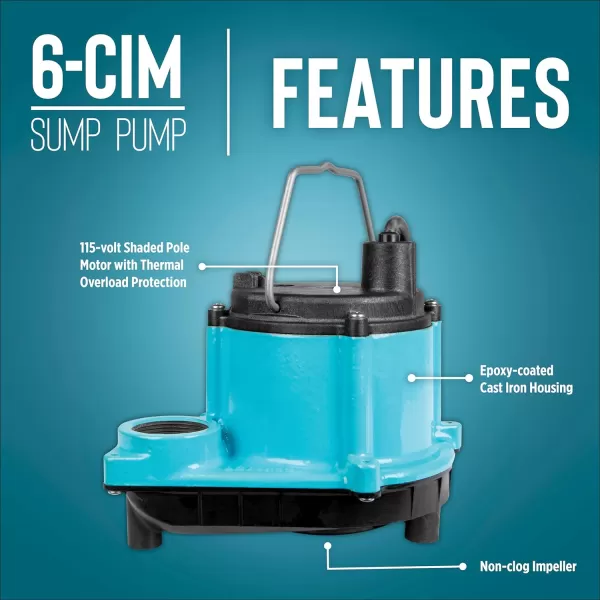 imageLittle Giant 6CIMR 115Volt 13 HP 2750 GPH Manual Submersible SumpUtility Pump with 25Ft Cord Blue 506274Pump