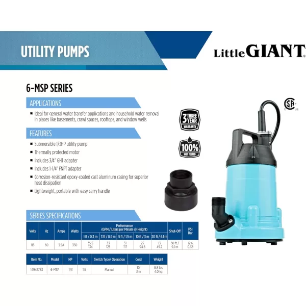 imageLittle Giant 6MSP 115 Volt 13 HP 2130 GPH Manual Aluminum Utility Pump with 10Ft Cord Blue 14942783