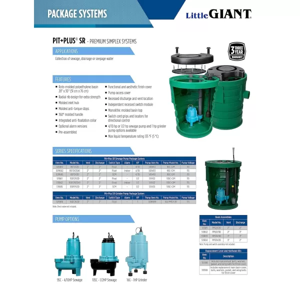 imageLittle Giant 9SF2V2D Pit Plus SR Sewage Basin System with 115Volt 410 HP 6000 GPH 9SCCIM Sewage Pump and 20Ft Cord GreenBlueBlack 50966120x30  9SCCIM  Float  No Alarm  2 Vent